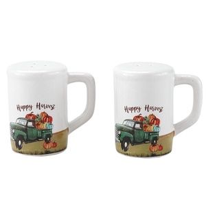 HAPPY HARVEST  Salt & Pepper Shakers Green Farm Truck W Pumpkins NEW